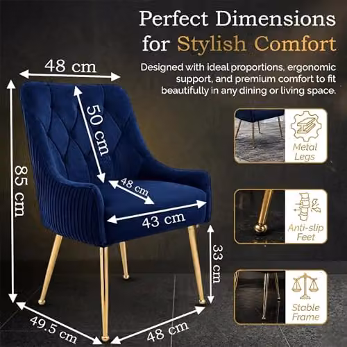 Hygrad Built to Survive Set of 2 Modern Upholstered Velvet Dining Chairs in Blue with Gold Metal Legs – 2