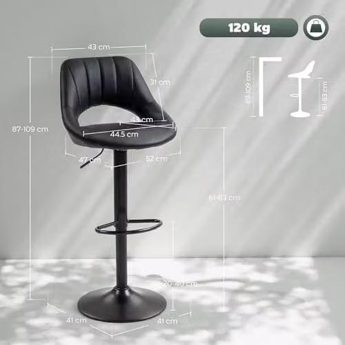 HOMCOM Set of 2 Black Faux Leather Swivel Bar Stools with Footrest – 3