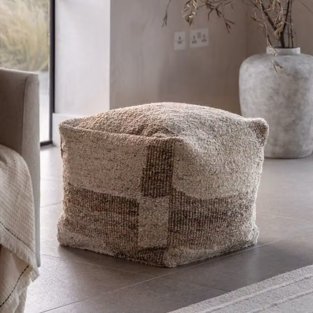 Terrys Bouclé Cube Pouffe in Beige and Brown, W/D/H: 50 x 50 x 50 cm