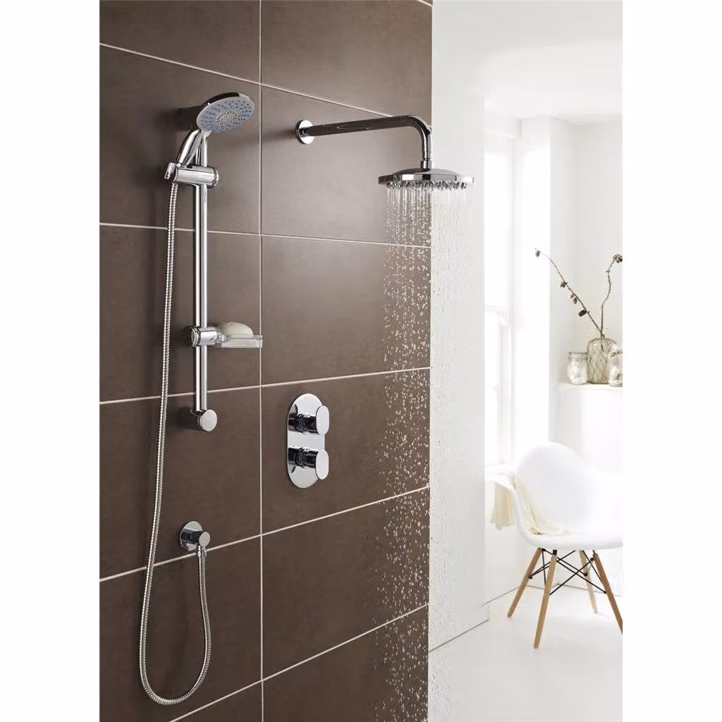 Clifton Chrome Shower Kit with Wall Hung Slide Rail, Overhead Drencher and Concealed Thermostat Diverter in Silver – 2