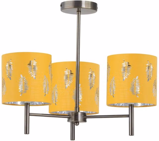 First Choice Lighting Brea 3 Light Ceiling Fitting in Antique Brass with Ochre Fabric Shades