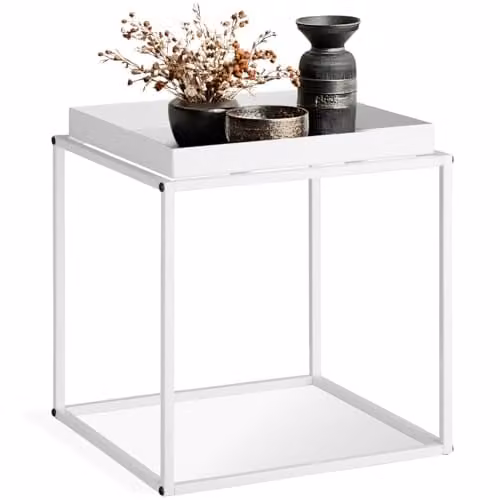 tectake Minimalist Square Side Table in White with Height-Adjustable Feet, W/D/H: 40 x 40 x 44 cm