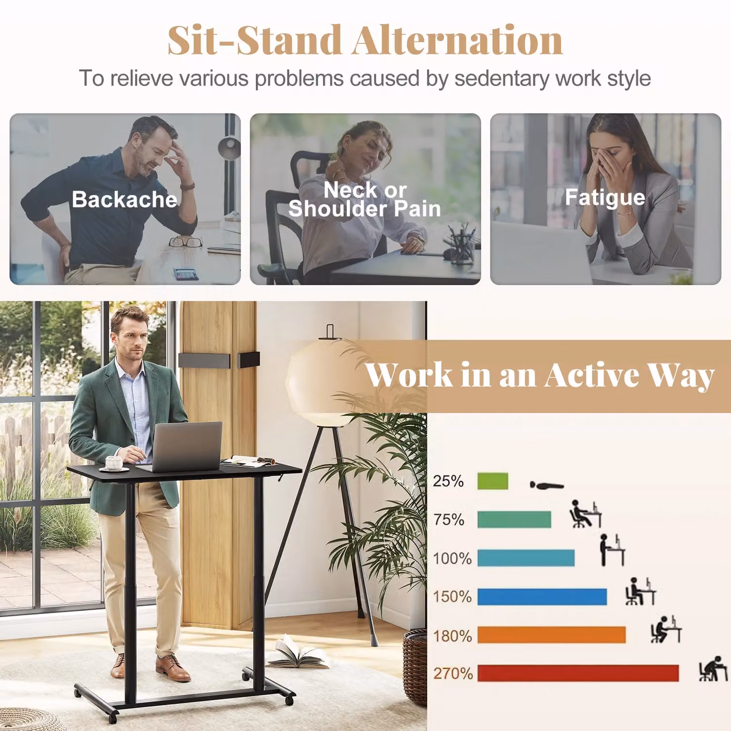 Costway C-Shaped Mobile Standing Desk with Adjustable Height and Castors, Black – 7