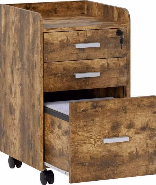 HOMCOM 3 Drawer Rolling Filing Cabinet with Lock in Brown for Letter and A4 Files