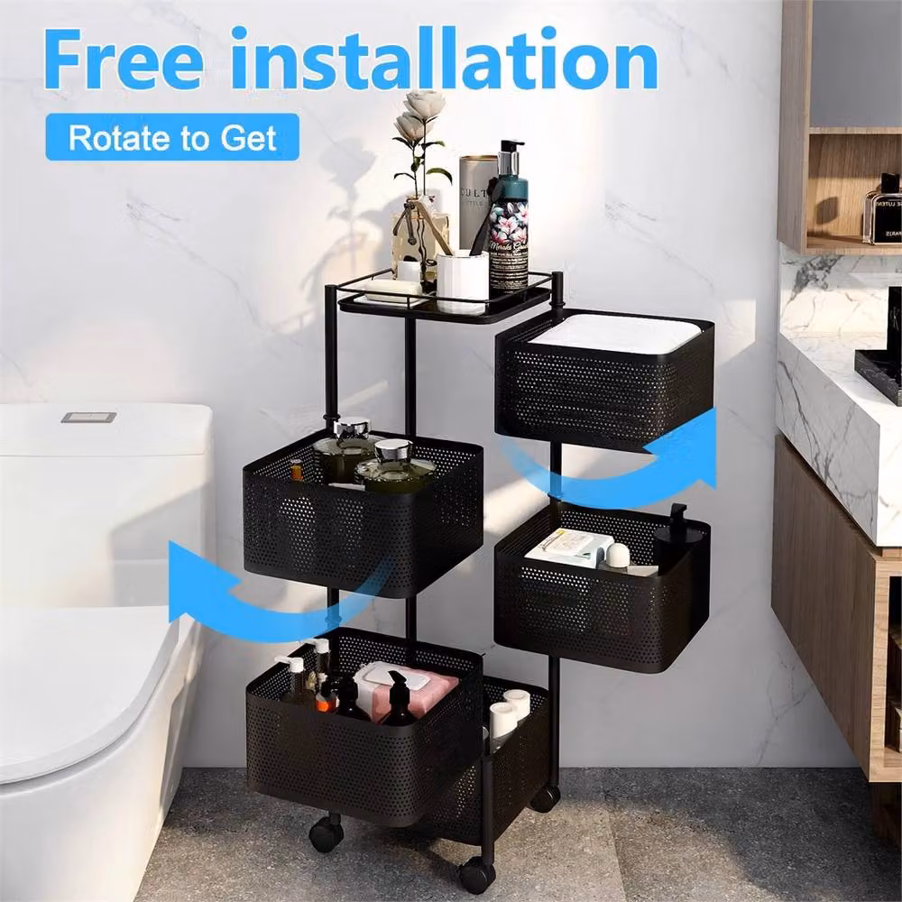SPETLEK 5 Tier Square Storage Trolley Basket Rack with Wheels in Black – 3