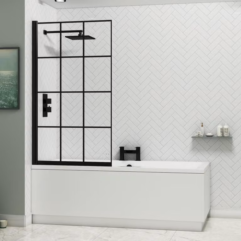 Royal Bathrooms Amaze Square Double Ended Acrylic Shower Bath in White with Black Square Grid Screen, W/D/H: 170 x 75 x 55 cm