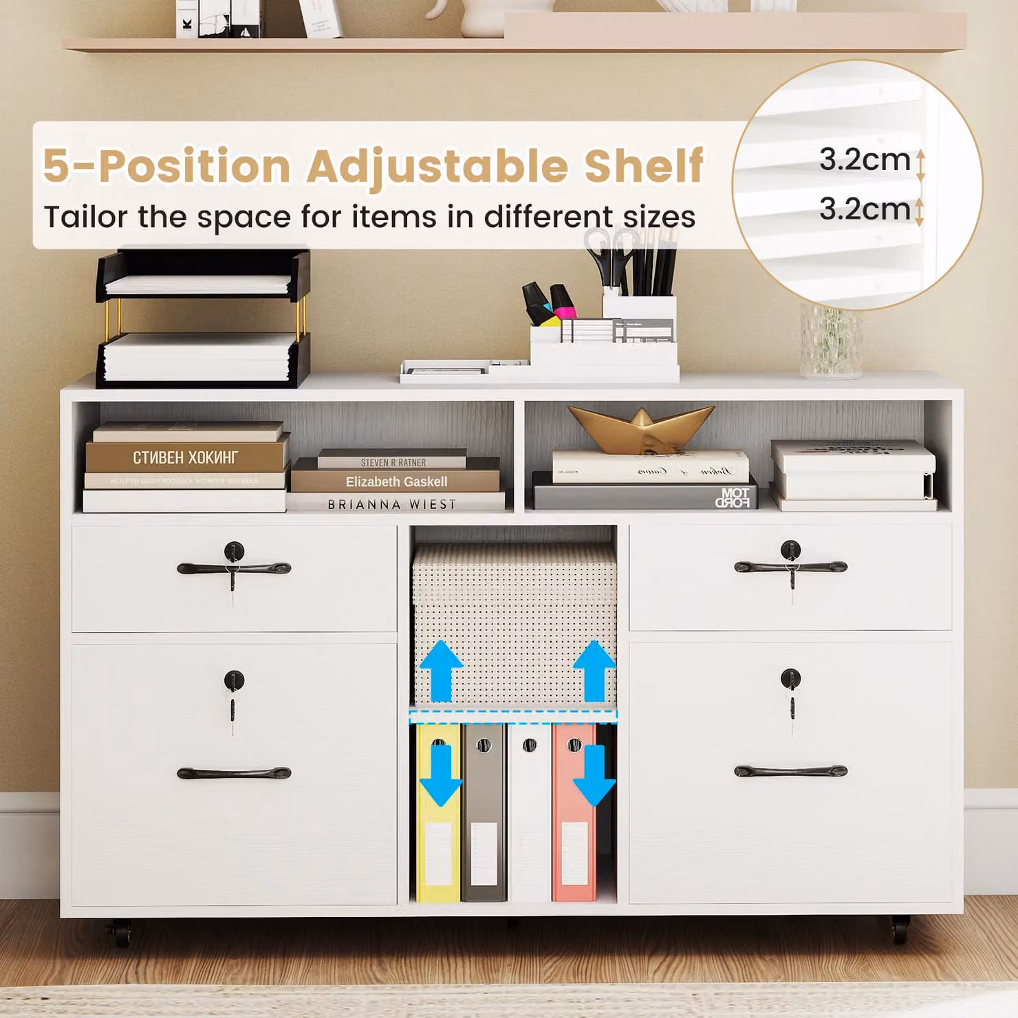 Costway Mobile Lateral File Cabinet Storage Organiser with Lock in White – 4