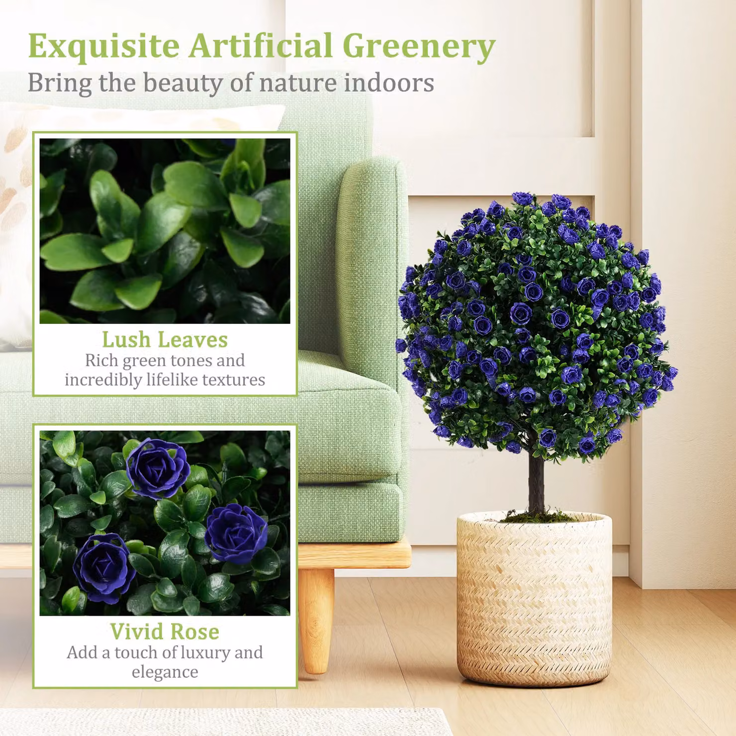 Gymax Set of 2 Artificial Purple Rose Topiary Ball Trees with Concrete-Filled Pots – 8
