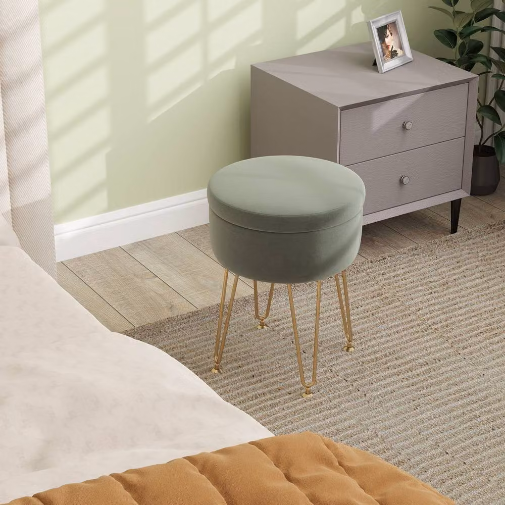 STILVORA Green Velvet Cylindrical Storage Ottoman with Gold Metal Legs – 3