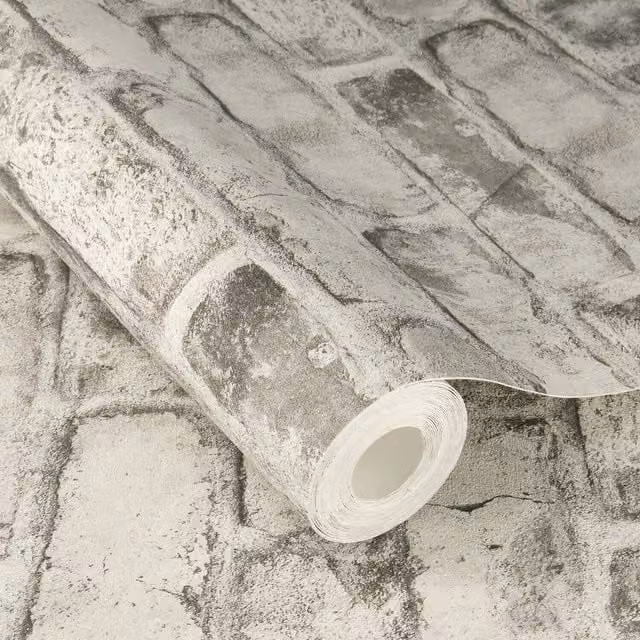 Rasch Clayton Rustic Industrial Brick Self Adhesive Peel and Stick Textured Wallpaper in Grey and Beige Matt