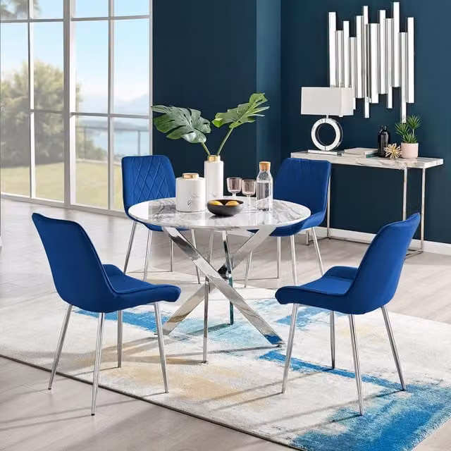 FurnitureboxUK Novara White Marble Effect Round Dining Table and 4 Pesaro Silver Chairs in Navy