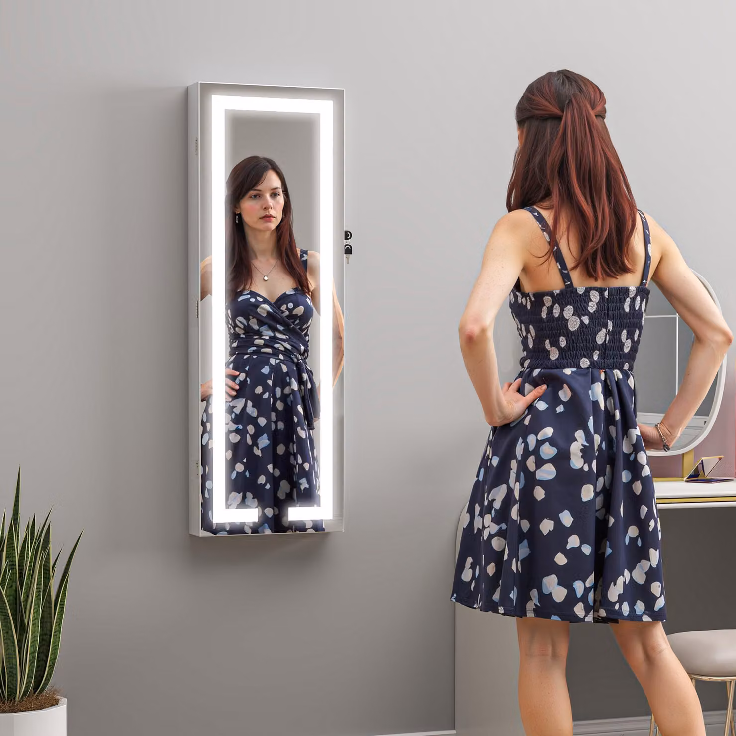 HOMCOM White Wall Mounted LED Mirror Jewellery Cabinet with Lock and Internal Shelves – 3