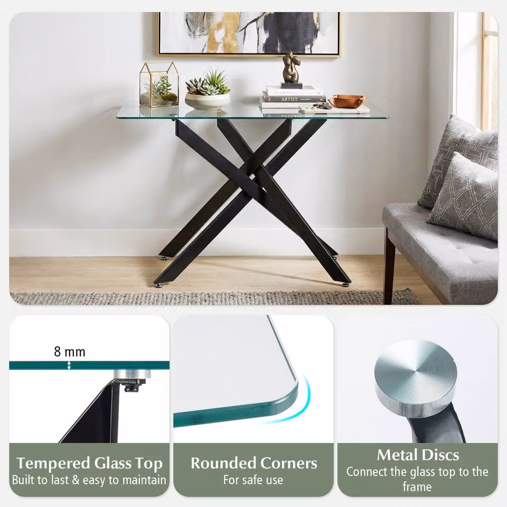 Costway Modern Glass Console Table with Black X-Frame and Clear Tempered Glass Top, Width: 115 cm – 8