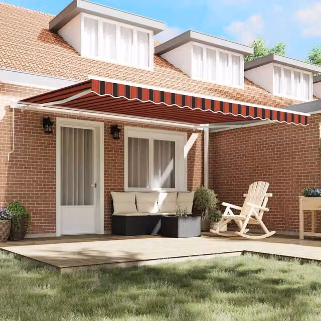 Berkfield Home Manual Retractable Folding Arm Awning in Orange, Brown and Red Striped Fabric, W: 450 cm, D: 300 cm