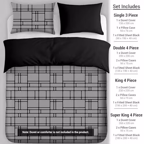 Pamposh 4 Piece King Size Reversible Microfibre Duvet Cover Set with Black Fitted Sheet, Graphic Design, All Seasons Bedding Set – 2