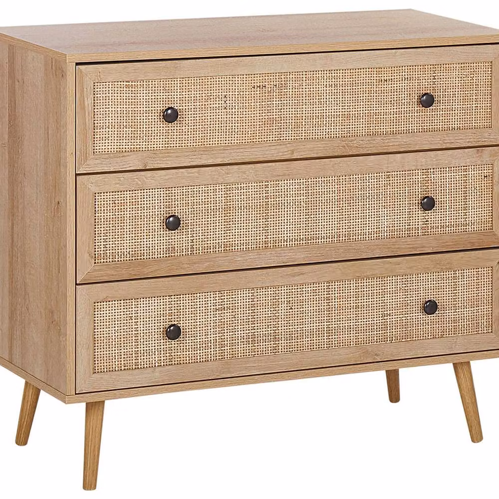 Wyld and Coco Ponca 3-Drawer Chest with Rattan Front and Pine Legs, Light Brown, W/D/H: 90 x 79 cm – 2