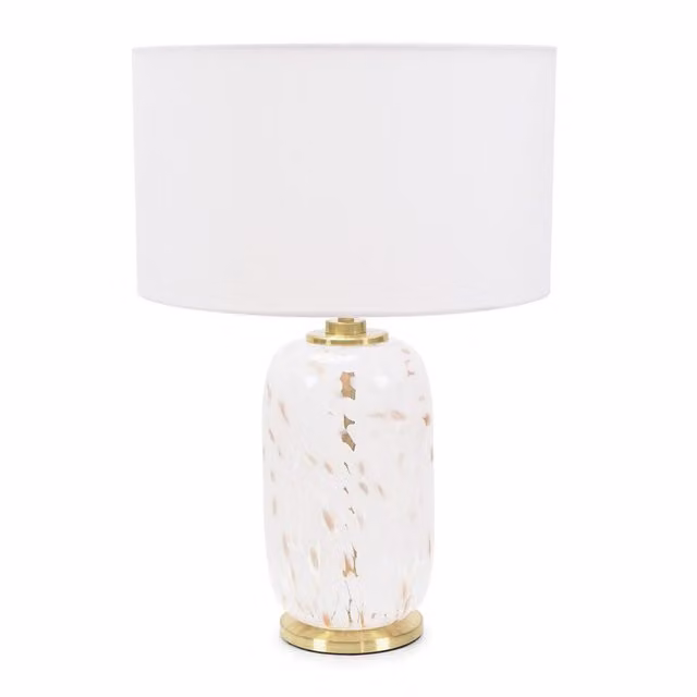 ValueLights India Fabric Drum Shade Table Lamp with Rounded White Confetti Glass Base in White