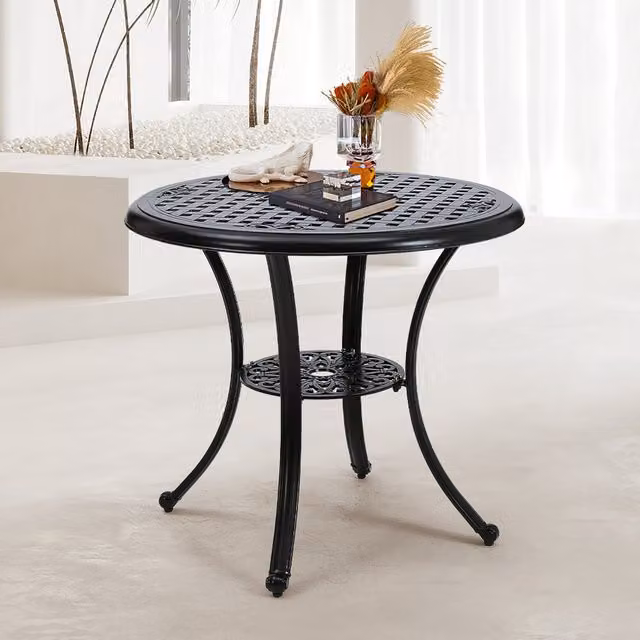 Livingandhome Cast Aluminium Patio Dining Table with Umbrella Hole, Black, Diameter: 81 cm
