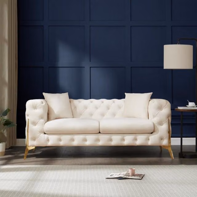 Panther Chesterfield Design Velvet Fabric Sofa in Cream