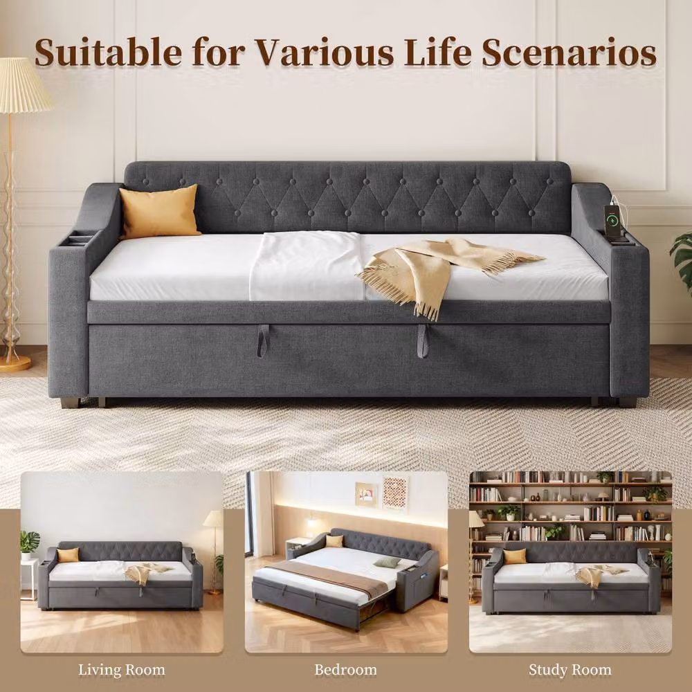 Matteo Grey Linen Upholstered 3ft Single Daybed with USB Charging Port, Side Compartments and Trundle, W/D/H: 90 x 190 cm – 4