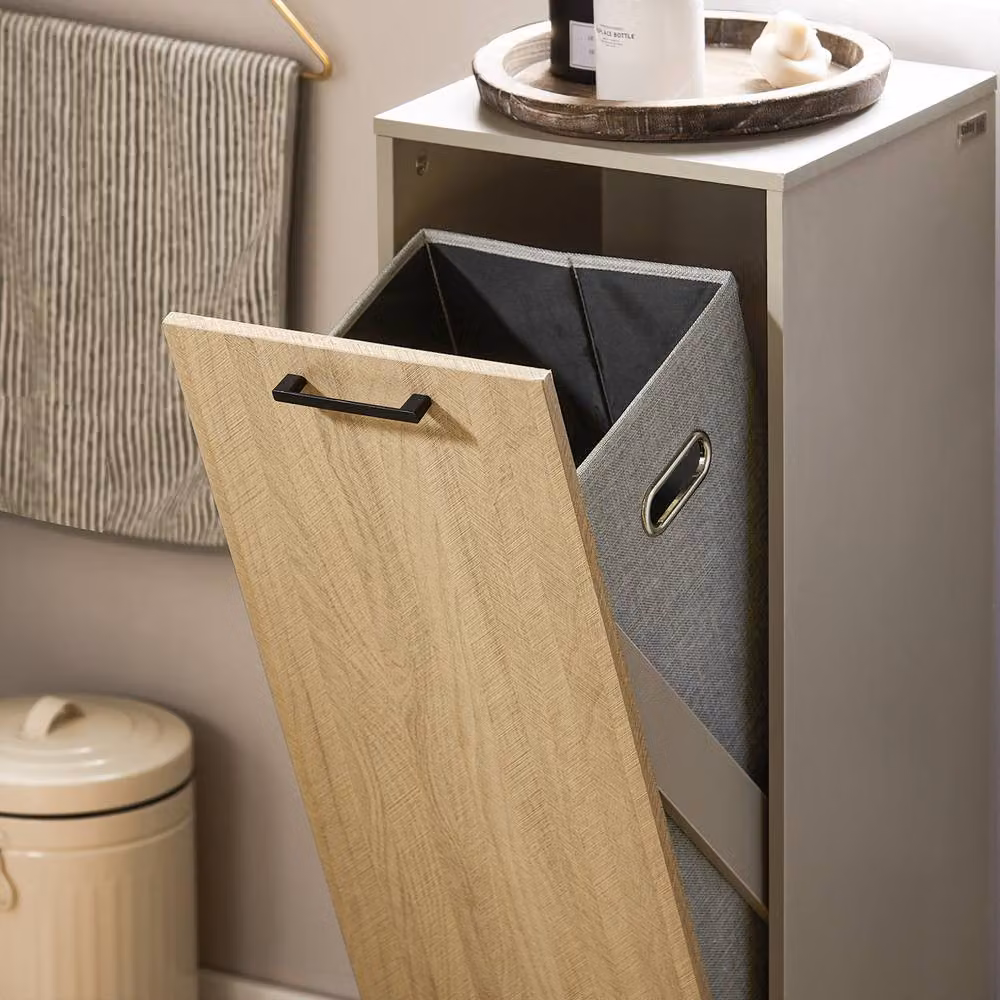 SoBuy Tall Narrow Bathroom Cabinet with Flip-Top Laundry Hamper in Light Oak – 4