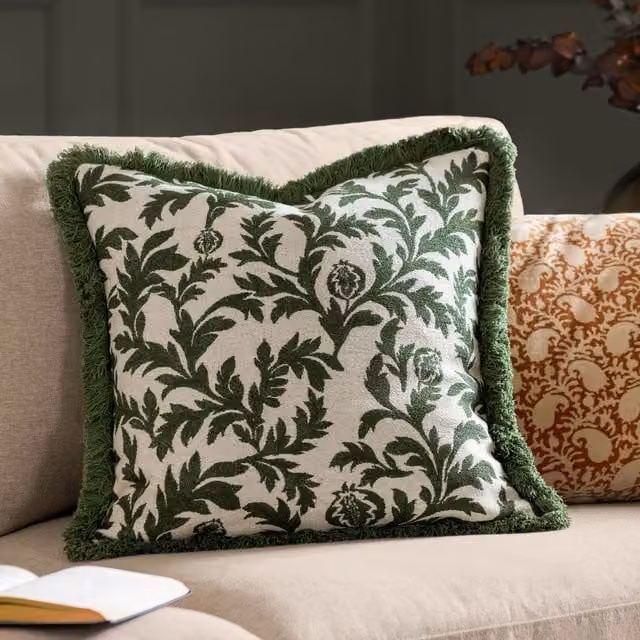 Paoletti Hedera Green Floral Jacquard Square Cushion, W/D/H: 45 x 45 x 45 cm