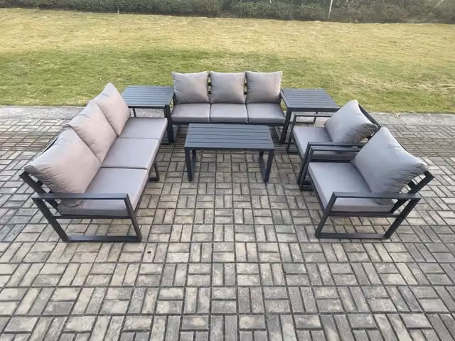 Fimous 7 Piece Aluminium Garden Furniture Set with Cushions, 8 Seater Outdoor Lounge Sofa Set in Dark Grey