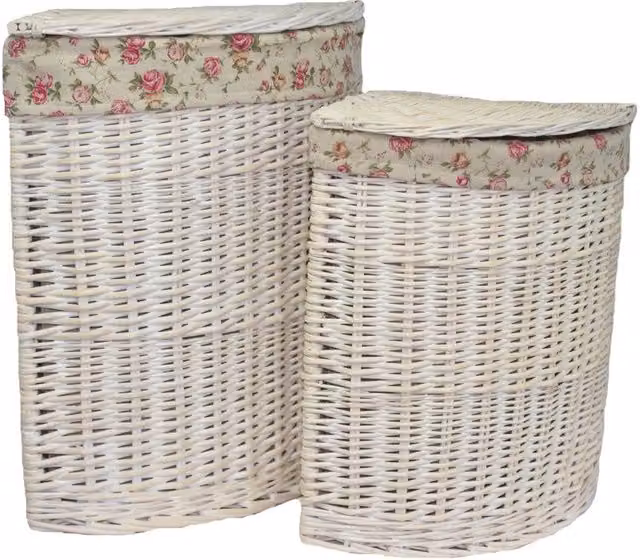 Red Hamper Set of 2 White Wash Wicker Corner Laundry Baskets with Cotton Linings