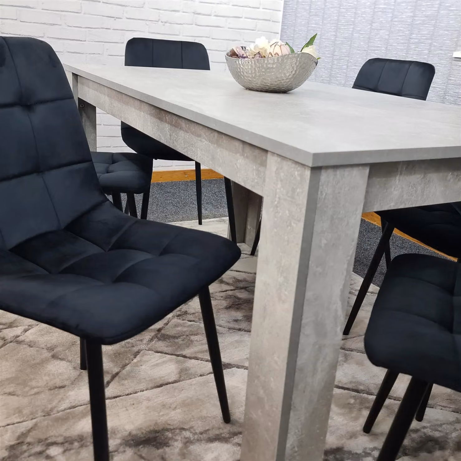 Kosy Koala Stone Grey Effect Wooden Dining Table Set with 6 Black Velvet Chairs in Brown – 6