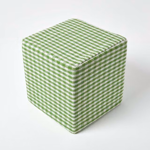 Homescapes Gingham Check Cotton Cube Pouffe in Green and Blue