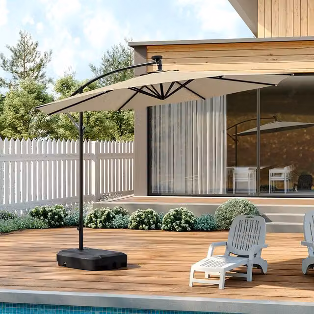 Livingandhome Cantilever Garden Parasol with Lights and Base in Beige