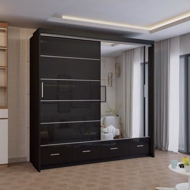 Sliding Wardrobes 4U Modern High Gloss Sliding Wardrobe with Integrated LED Lighting in Black, W: 208 cm, H: 220 cm