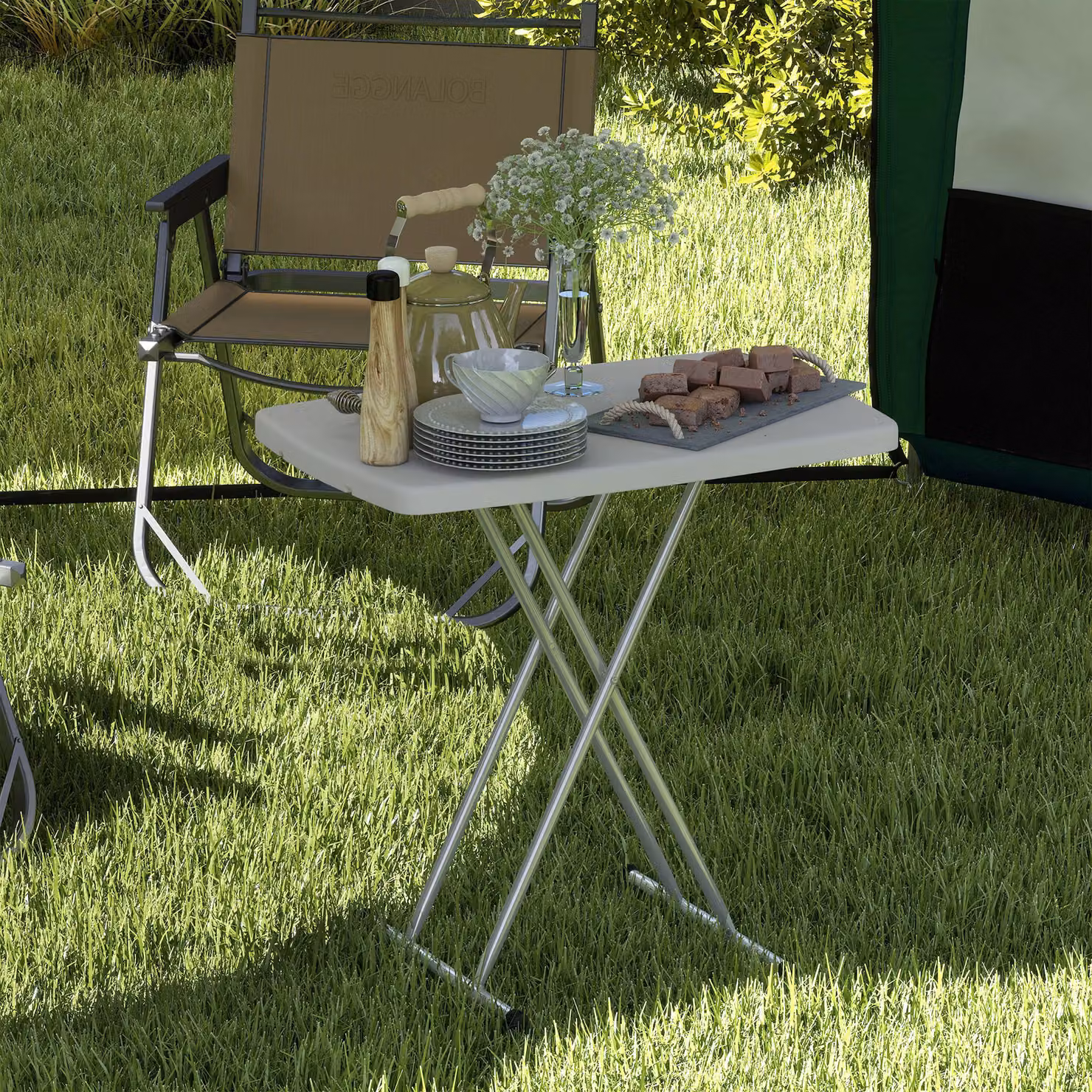 Outsunny Height Adjustable Folding Coffee Table with White HDPE Top and Metal Frame for Garden, Balcony or Terrace – 6
