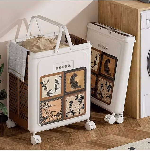 Living and Home Foldable Laundry Basket with Castors in White