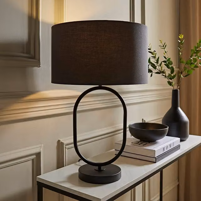 ValueLights Antonia Art Deco Oval Metal Table Lamp with Fabric Shade and LED Bulb in Grey and Black