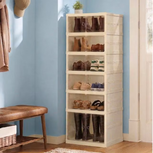 SONGMICS Stackable Shoe Storage Organiser with Glass Doors, White, Pack of 12