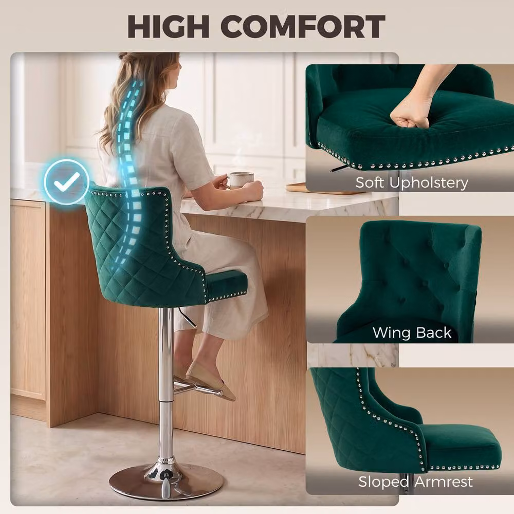 HOMCOM Set of 2 Swivel Velvet Bar Stools with Footrest in Dark Green – 6