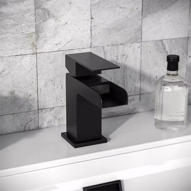 Nordara Matt Black Square Waterfall Basin Mixer Tap with Pop-up Waste – 1