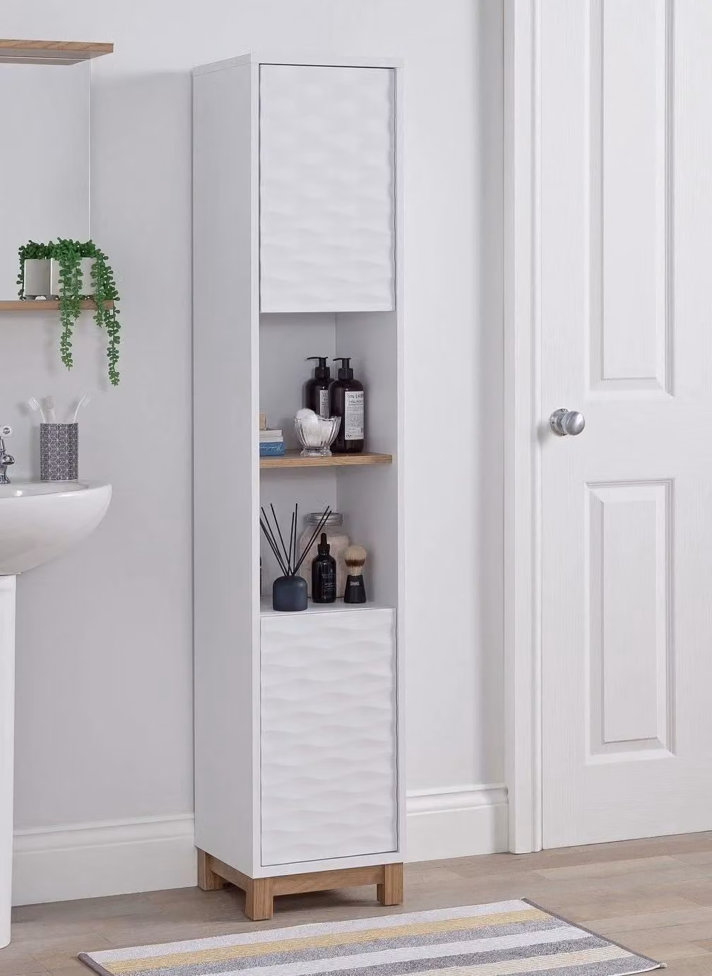 Zander Two Tone Tallboy Bathroom Storage Organiser in White and Oak, H 165.2 x W 29.7 x D 31.8 cm