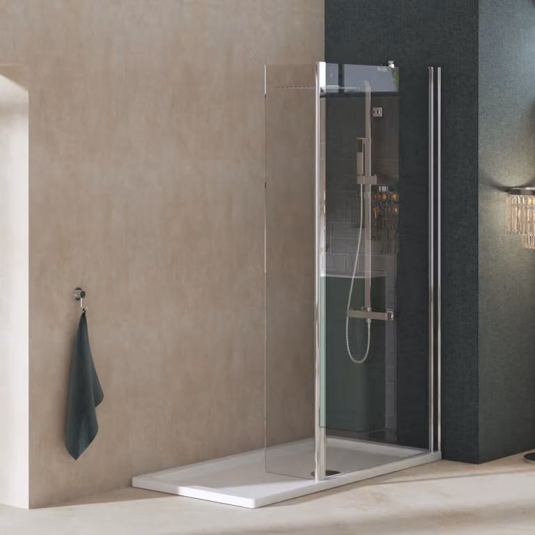 Royal Bathrooms Marbella Walk In Wet Room Shower Screen with Flipper Panel, Clear Glass, 8mm, W: 185 cm