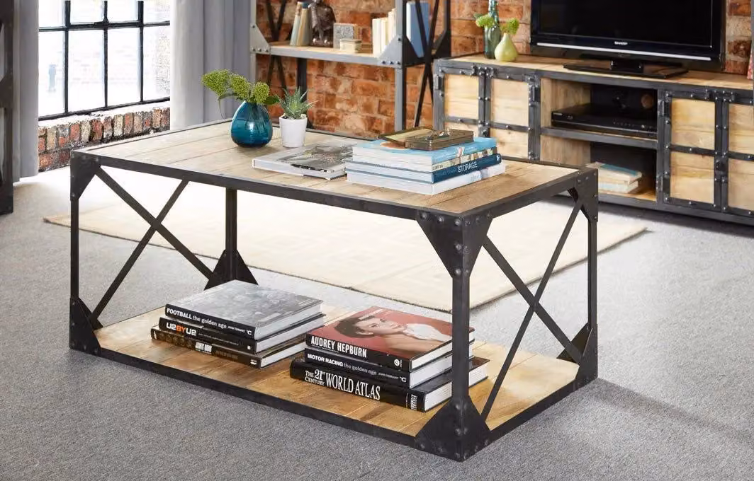 IH Design Alteus Vintage Industrial Coffee Table with Shelf in Black Metal and Wood – 3