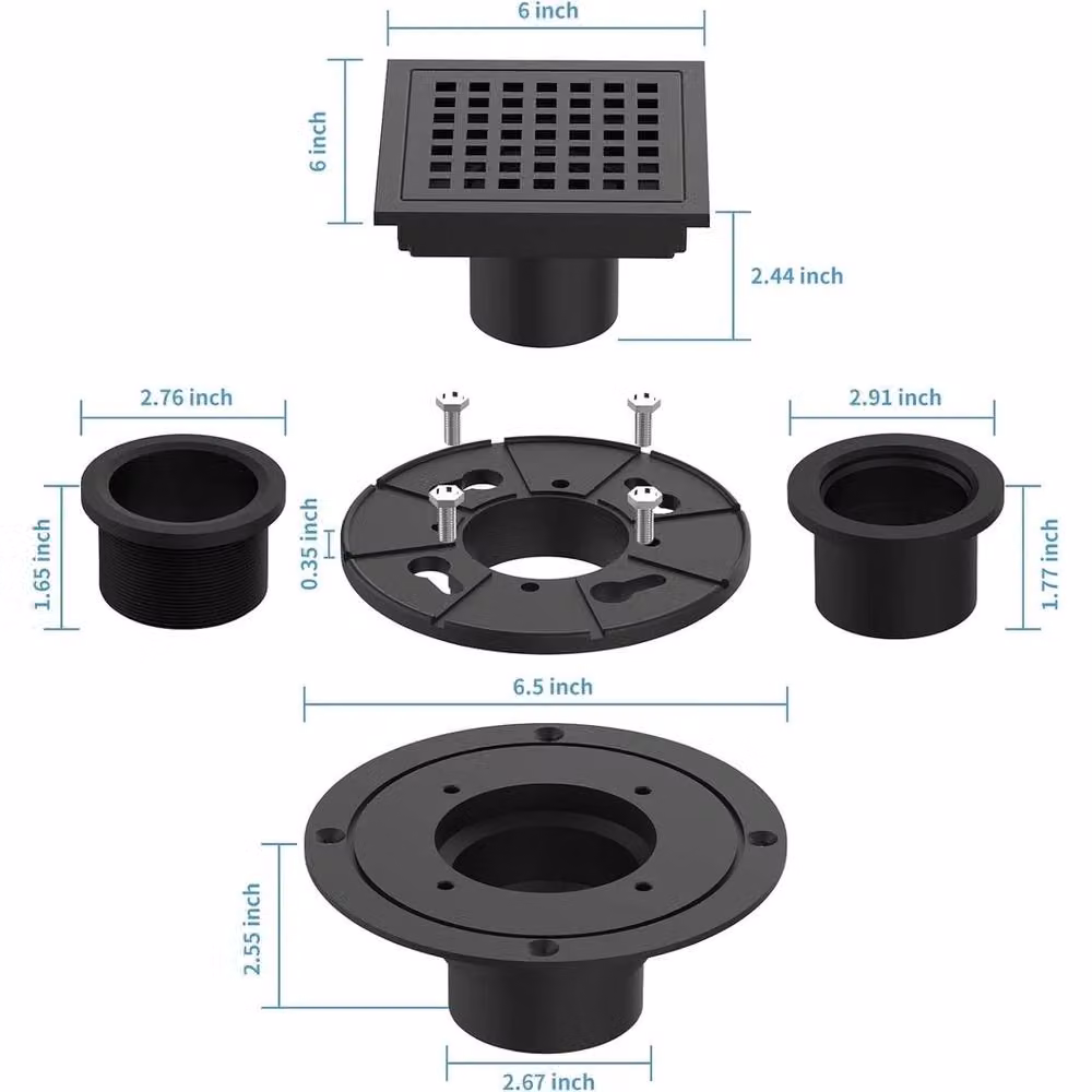 VOGREX 6 Inch Square Brushed Black High Flow Shower Floor Drain with Hair Filter – 2