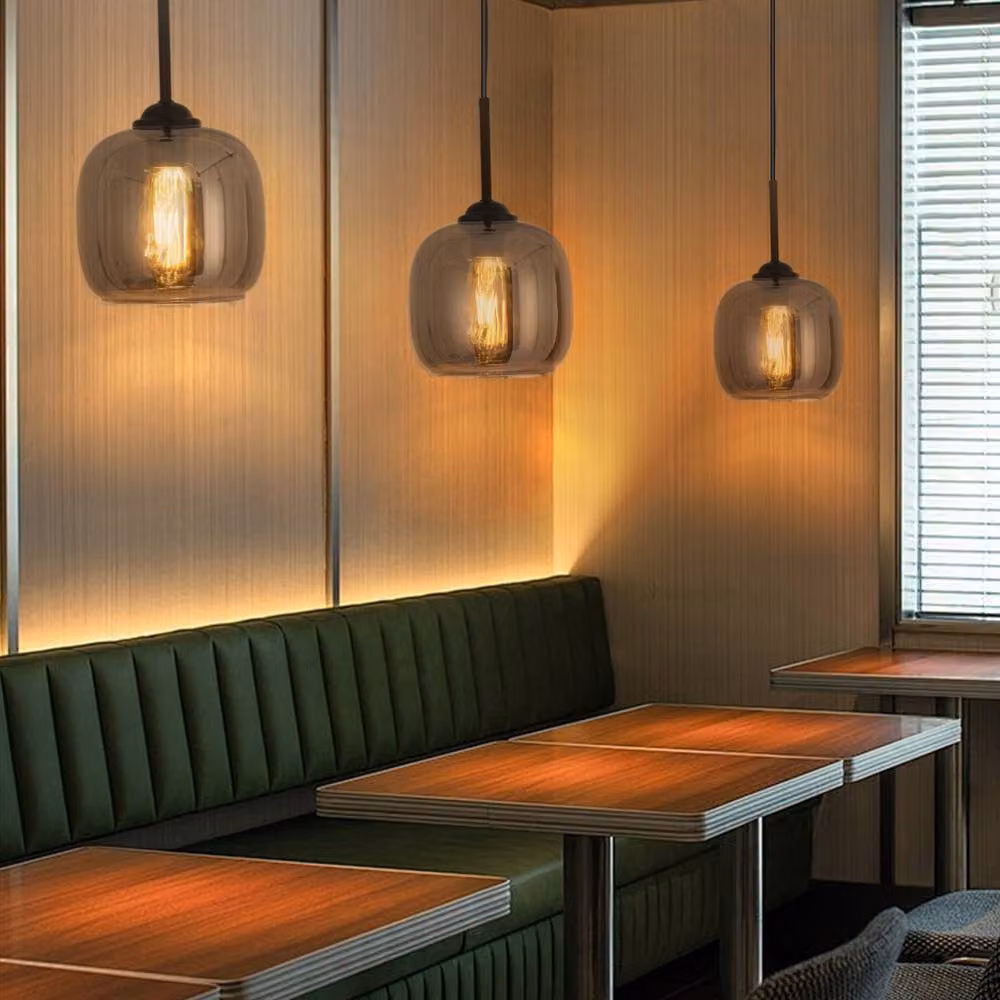 Pheashine Modern Round Smoked Grey Glass Pendant Light with Black Base and E27 Socket – 4