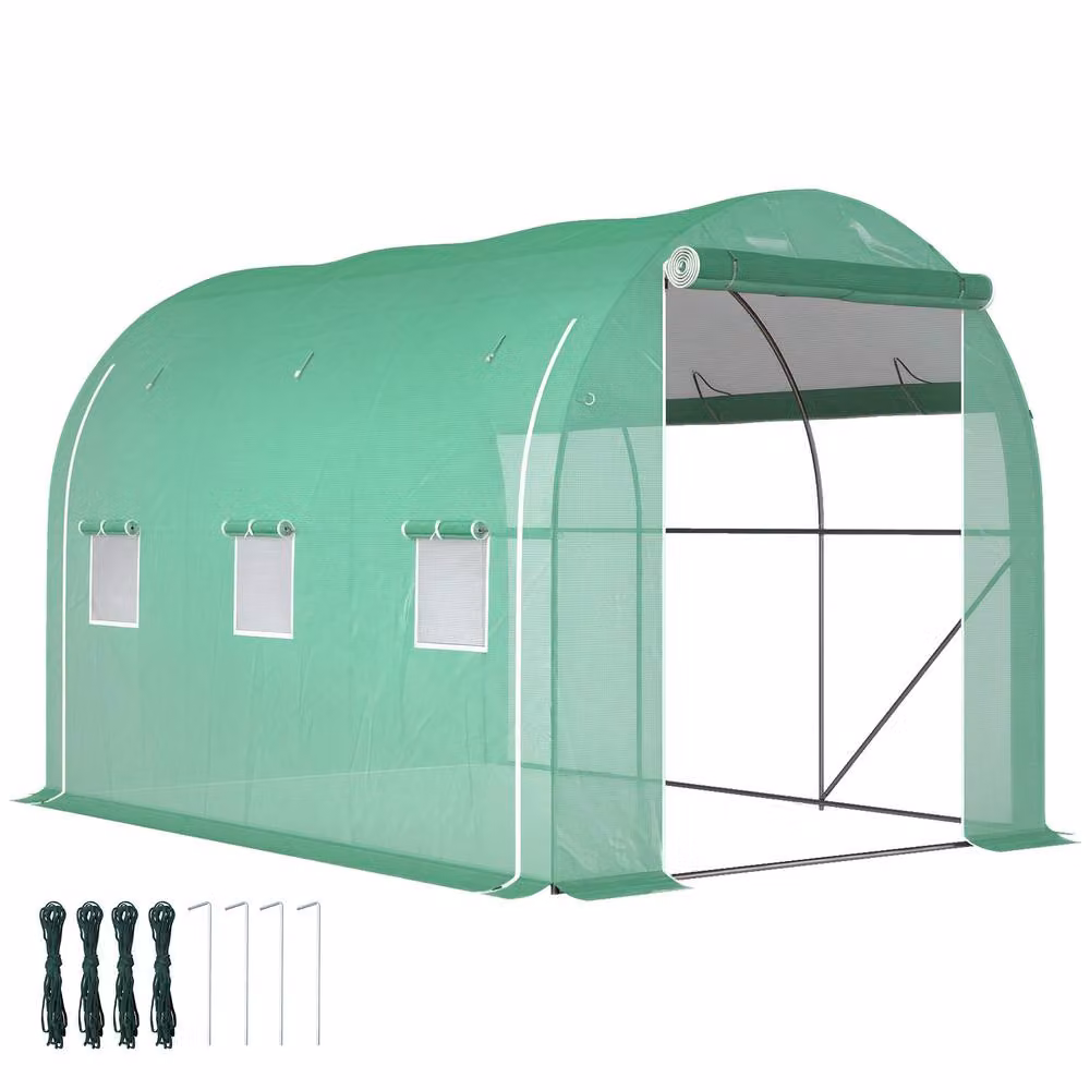 OUTSUNNY Green Polytunnel Greenhouse with Galvanised Steel Frame and PE Cover, W/D/H: 296.4 x 296.4 x 240 cm – 2