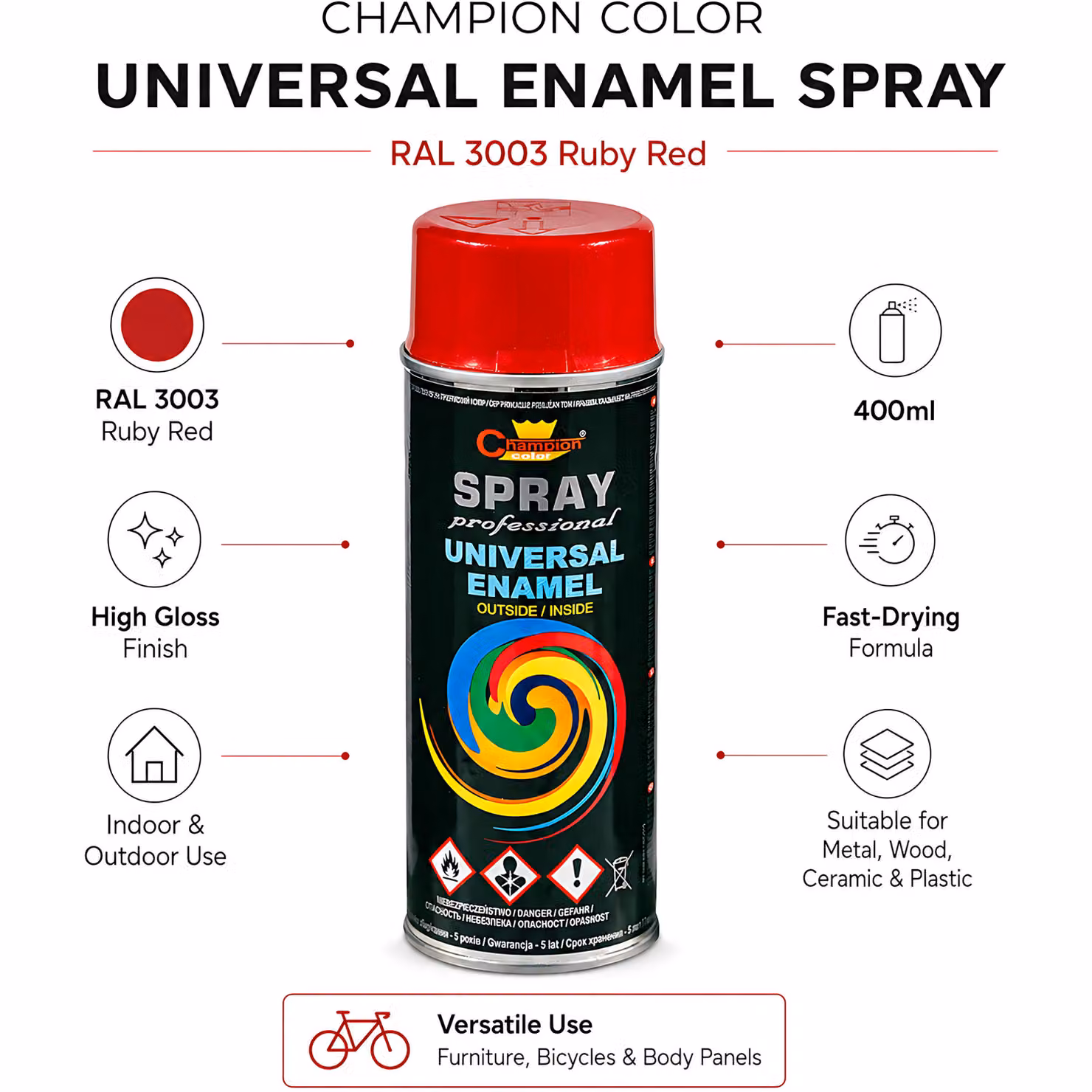 Sola High Gloss Universal Multi-Surface Spray Paint, Ruby Red RAL 3003, 400 ml – 2