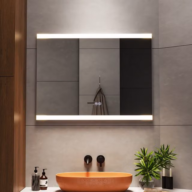 Livingandhome Large Rectangular LED Bathroom Mirror with Digital Clock in White