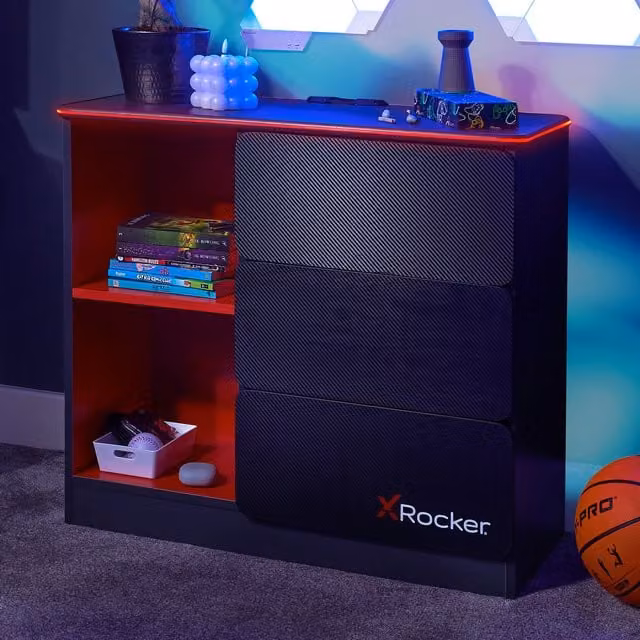 X-Rocker Carbon-Tek Chest of Drawers with Integrated LED Lighting, Grey and Red, W/D/H: 70.5 x 34.0 x 79.0 cm
