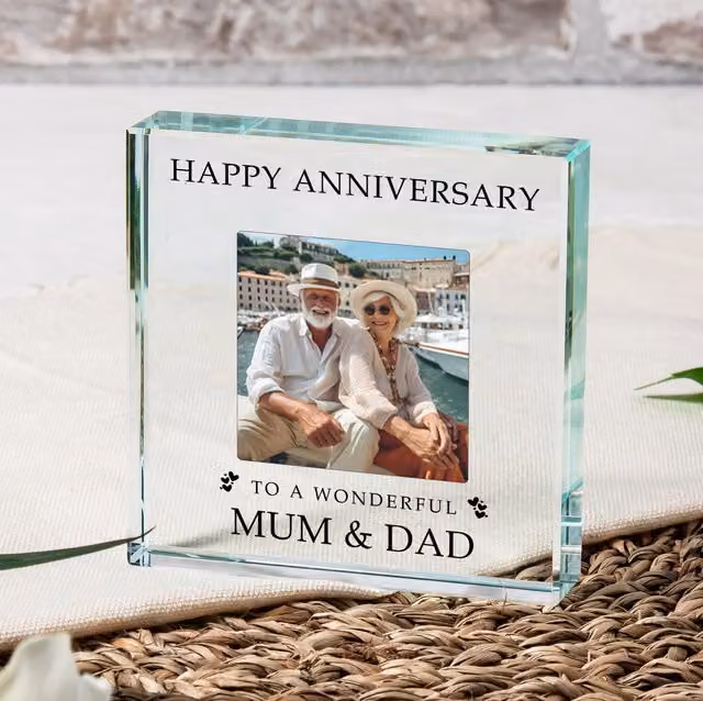 Uniqueful Personalised Happy Anniversary Glass Token for Parents in Transparent and Beige