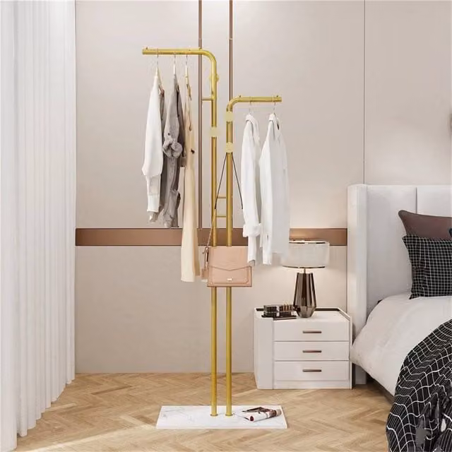 Kelvenix Gold and White Freestanding Metal Coat Rack with Continuous Linear Rail