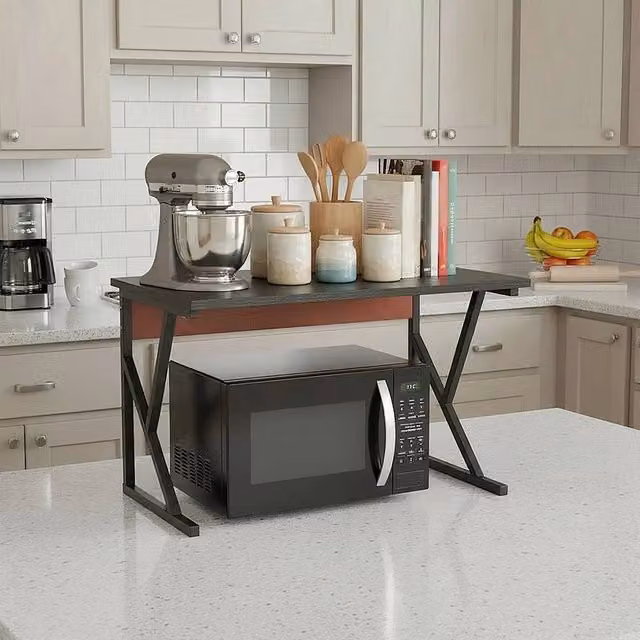 EONLION Black and Walnut Microwave Organiser Stand and Over Shelf Storage Unit